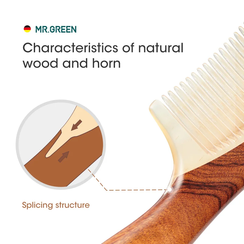 MR.GREEN Comb Natural Wood With Horn Splicing Structure Fine Tooth Hair Comb Anti-Static Head acupuncture point massage Gift - Image 4