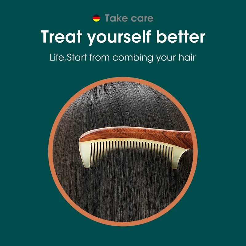 MR.GREEN Comb Natural Wood With Horn Splicing Structure Fine Tooth Hair Comb Anti-Static Head acupuncture point massage Gift - Image 3