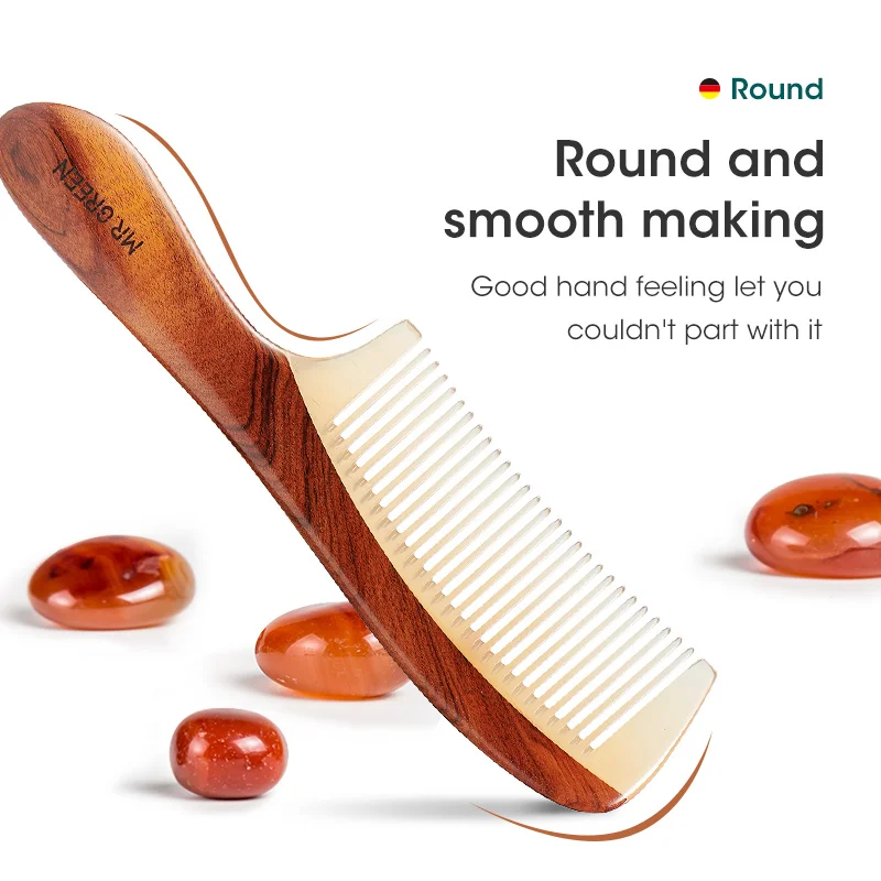 MR.GREEN Comb Natural Wood With Horn Splicing Structure Fine Tooth Hair Comb Anti-Static Head acupuncture point massage Gift - Image 6