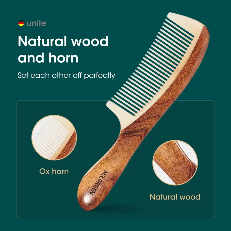 MR.GREEN Comb Natural Wood With Horn Splicing Structure Fine Tooth Hair Comb Anti-Static Head acupuncture point massage Gift - Image 2